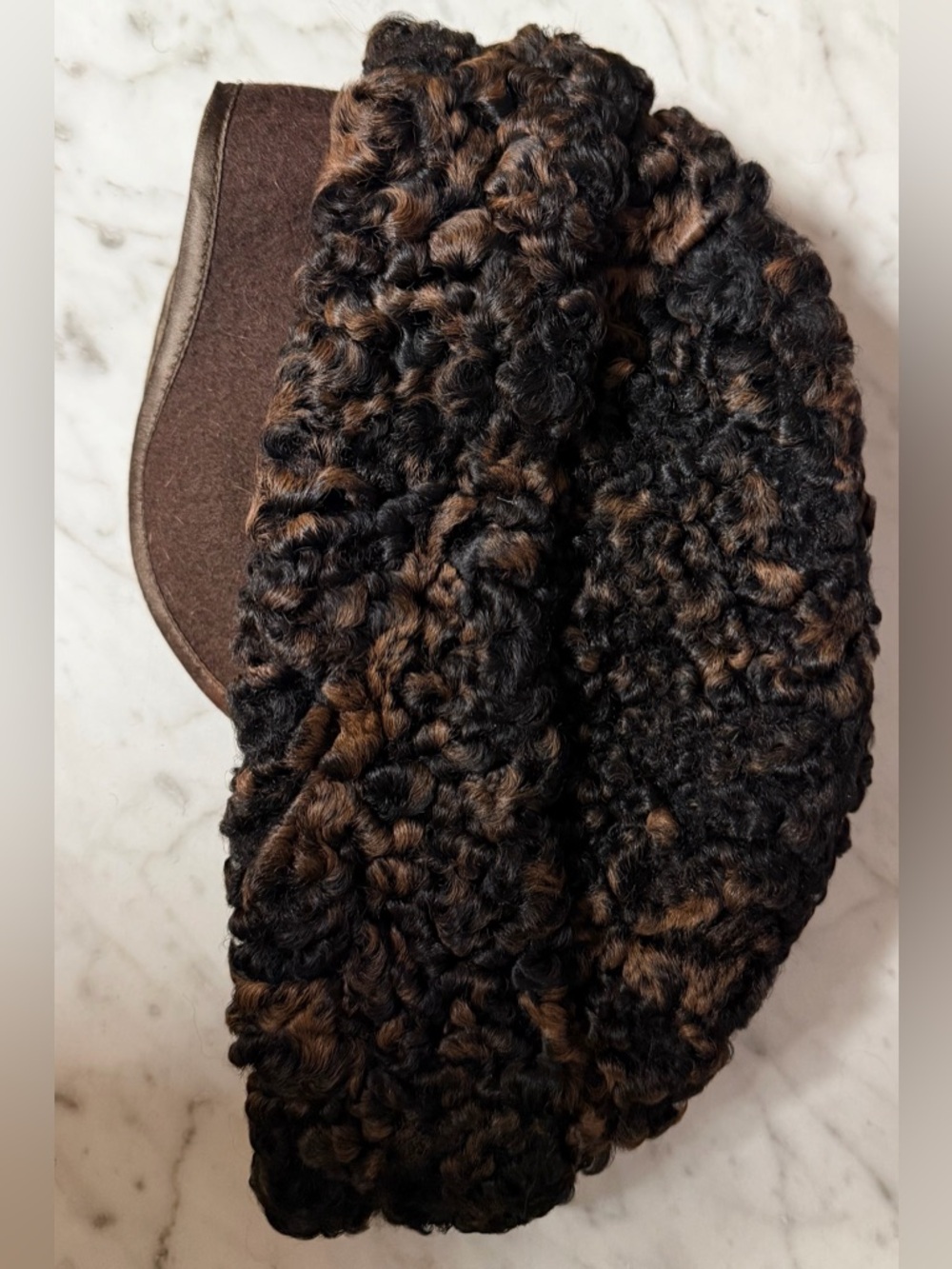Curly Dyed Persian Lamb Fur Beanie in Black and Brown - Picture 2 of 5